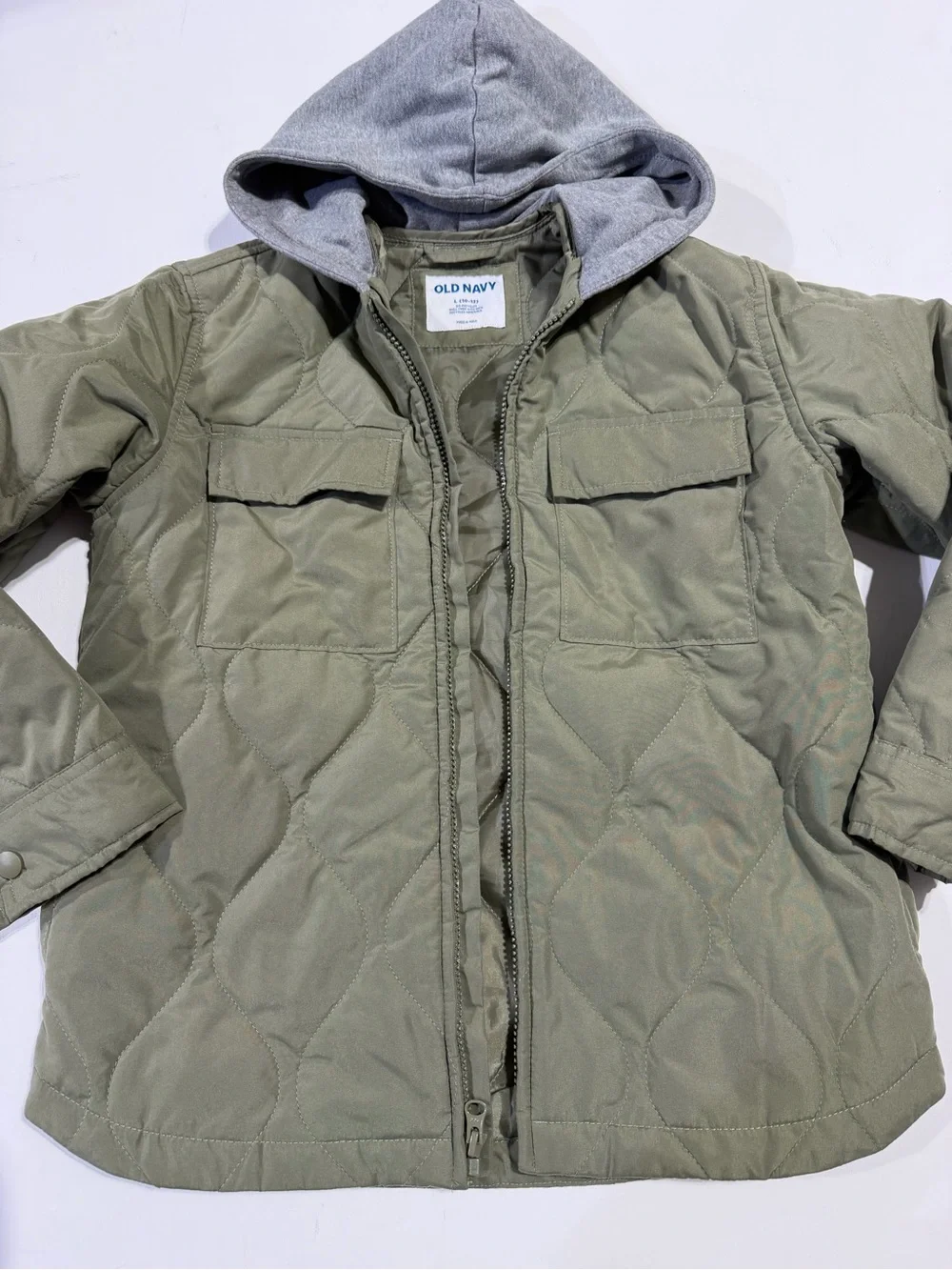 Old Navy Olive Green Quilted Jacket with Gray Hood